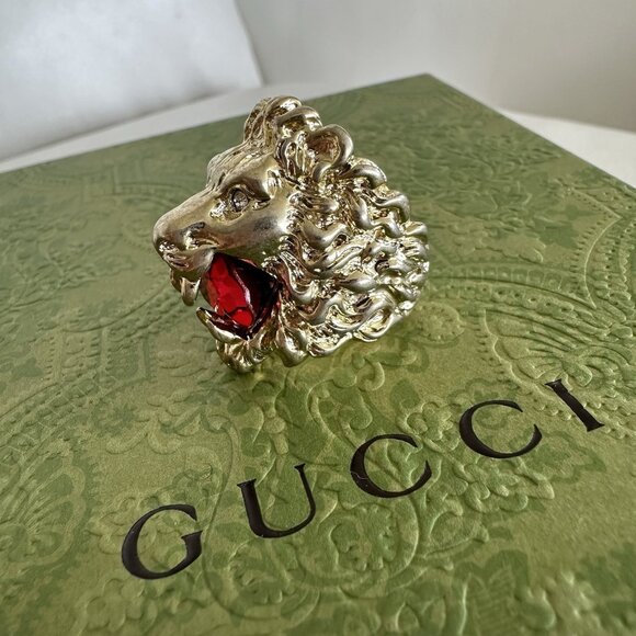 NEW Authentic Gucci Lion Head Motif Gemstone Ring In Gold & Red Sz S 6.5 US - Picture 4 of 9